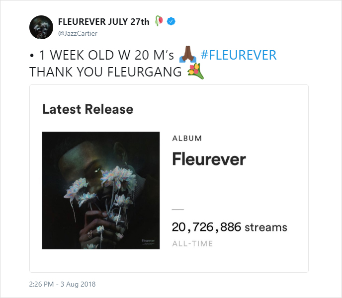 Jazz Cartier album Fleurever surpasses 20M streams in 1 week