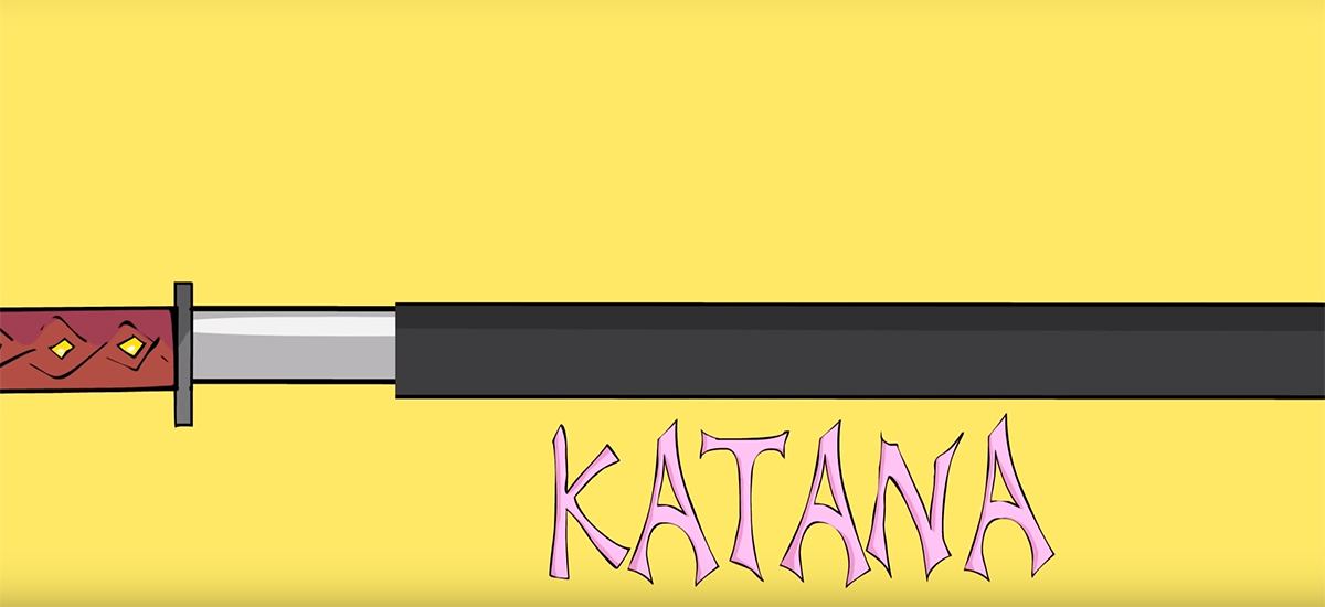 Screenshot from the new Ramriddlz video Katana; the scene has a yellow background with a samurai sword stretched over the song title.