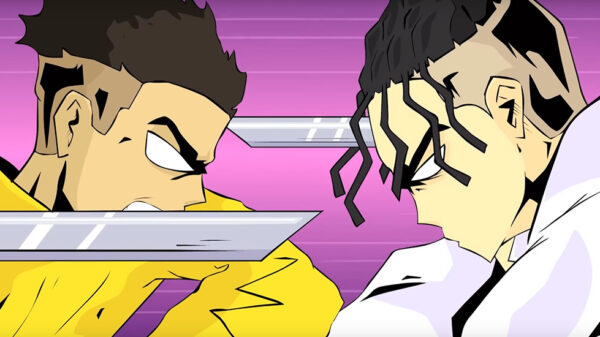 Screenshot from the new Ramriddlz video Katana; the video depicts Katana and guest feature KILLY in animated form.