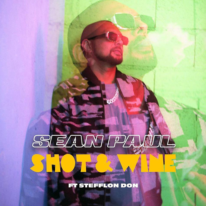 The artwork for the new Sean Paul single Shot and Wine, featuring Stefflon Don. It features a photo of Sean Paul wearing sunglasses.