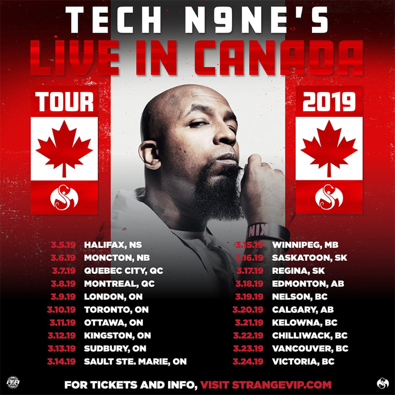 Tour poster for the next Tech N9ne Canadian tour; listing 20 Canadian dates starting March 5 in Halifax.