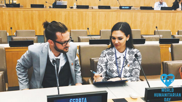 Filip Filipi (left) prepares to give a speech at the UN.