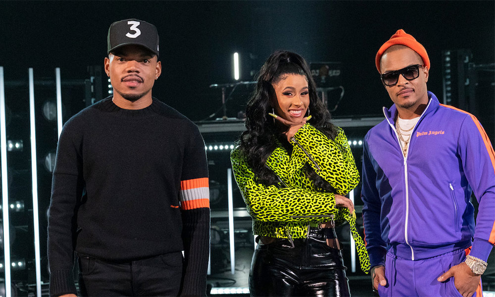 Photo of Chance the Rapper, Cardi B, and T.I. at a photoshoot for the new Netflix series Rhythm + Flow.