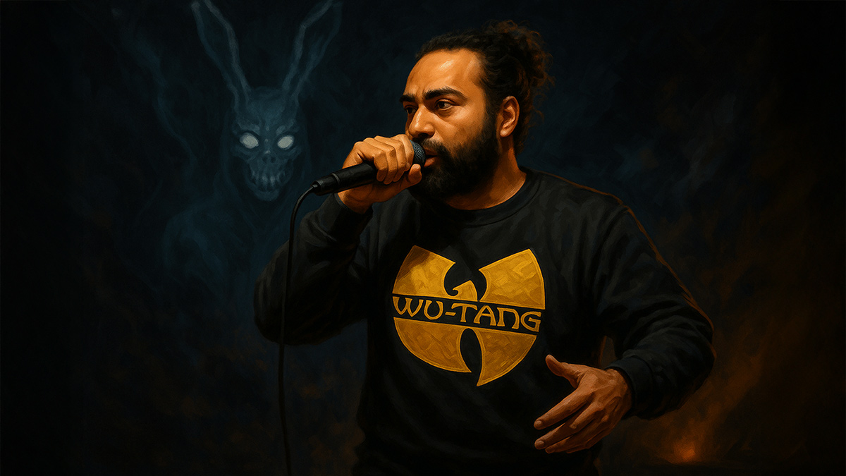 A digital painting in a semi-realistic style with Sawlid performing in Donnie Darko-inspired visuals in support of his Darko EP.