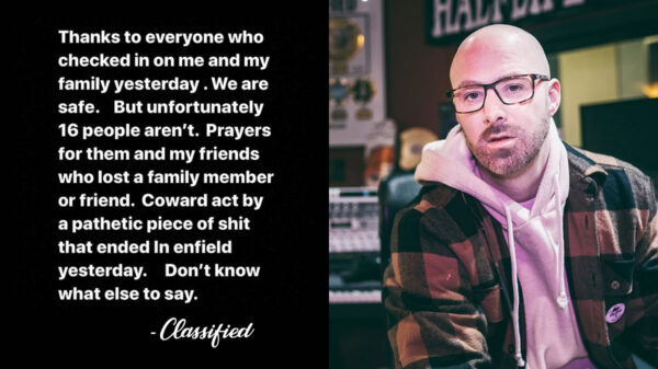 A picture of Classified and a quote from him about the mass shooting in Nova Scotia