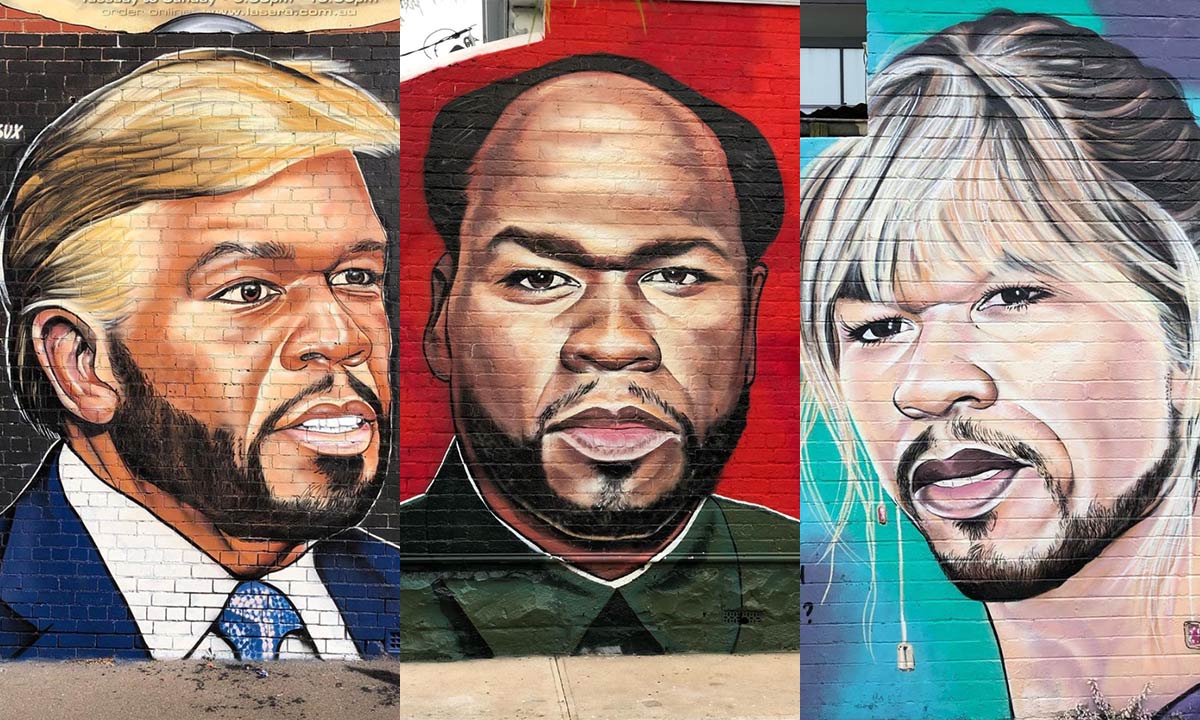 Murals of 50 Cent depicted as different celebrities by Lushsux