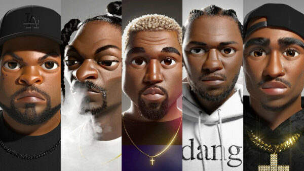 Alex Alvardo designs of Ice Cube, Snoop Dogg, Kanye West, Kendrick Lamar, Tupac Shakur