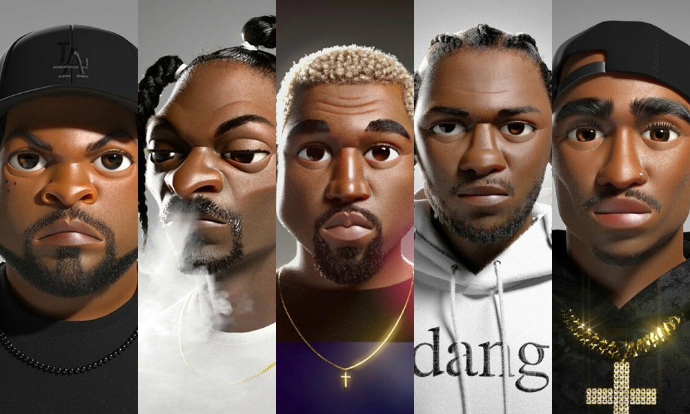 Alex Alvardo designs of Ice Cube, Snoop Dogg, Kanye West, Kendrick Lamar, Tupac Shakur