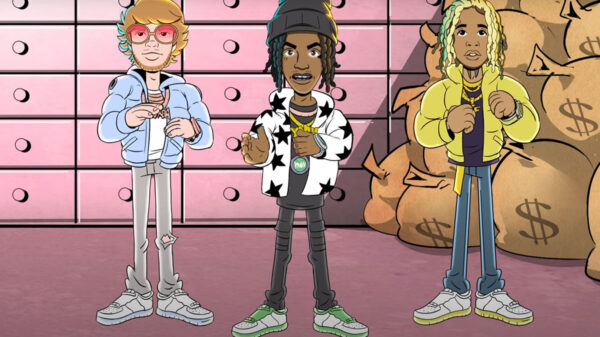 Animated Murda Beatz, YNW Melly and Lil Durk in the Banana Split video