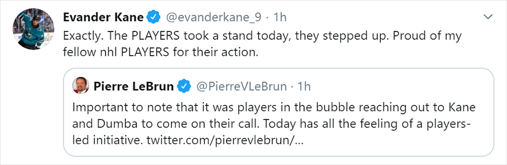 Tweet by Evander Kane expressing disappointment in the NHL