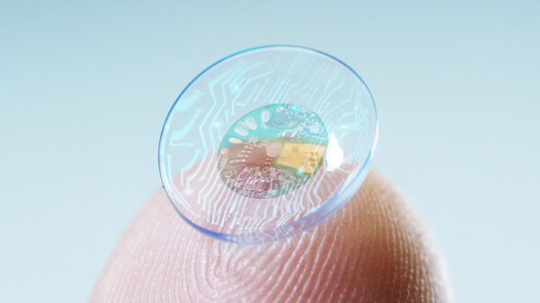A concept image showing a contact lens with digital and biometric implants. (Shutterstock)