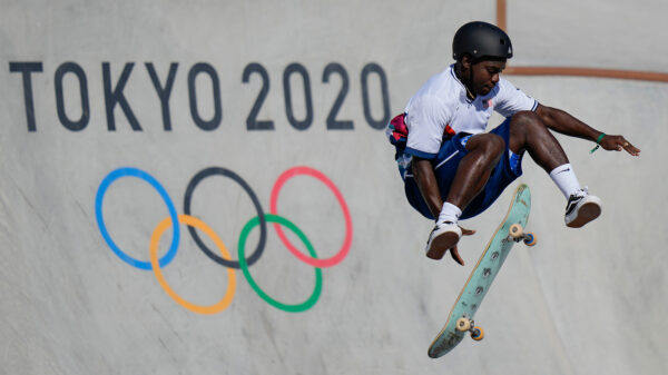 Zion Wright of the United States takes part in a men’s park skateboarding practice session at the Tokyo Summer Olympics. (AP Photo/Ben Curtis)