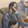 A courtroom sketch of R. Kelly sitting with attorneys (Image: AP Photo/Elizabeth Williams)