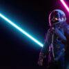 Retrowave astronaut among neon laser beams.