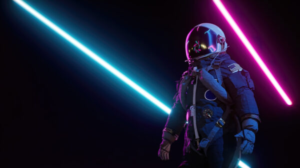 Retrowave astronaut among neon laser beams.