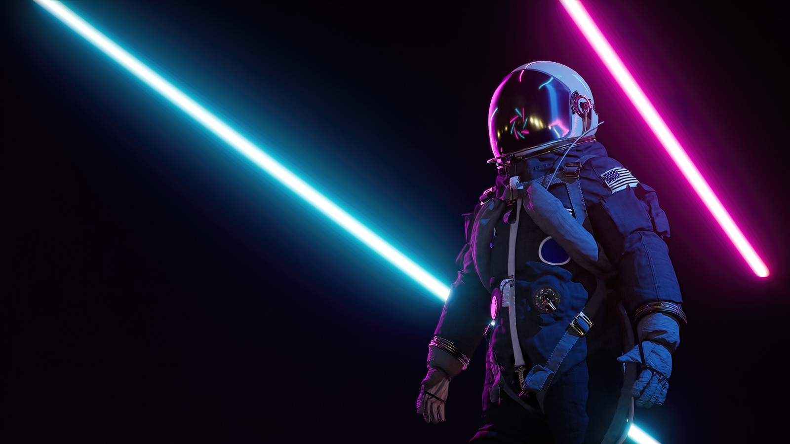 Retrowave astronaut among neon laser beams.