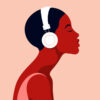 A cartoon of a Black woman wearing a pair of wireless headphones