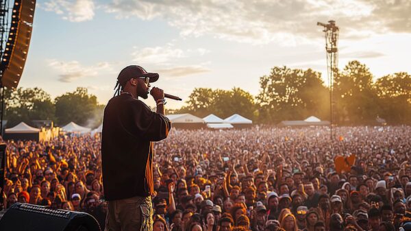A superstar rapper performs at a festival to a very large crowd.