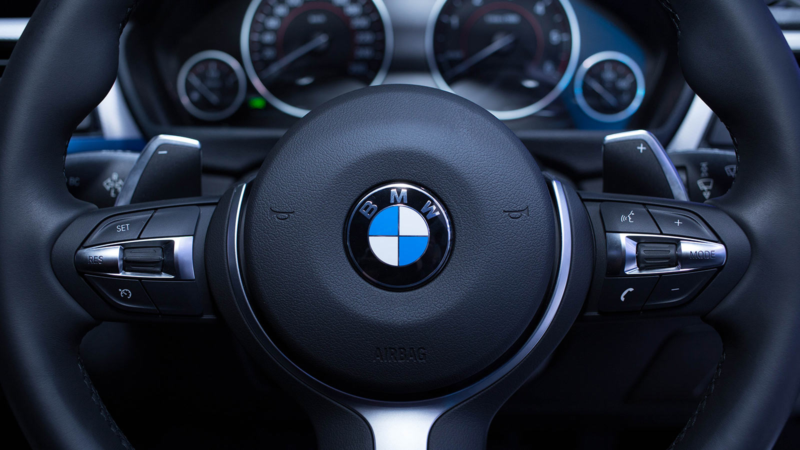 A steering wheel in a BMW