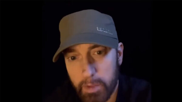 A screenshot of a video message made by Eminem to pay tribute to battle rapper Pat Stay