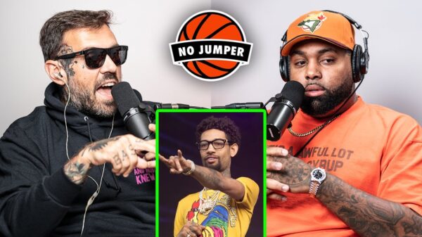 A YouTube thumbnail featuring members of the No Jumper podcast team and Philadelphia rapper PnB Rock