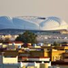 A distant view of a soccer stadium intended for use during World Cup 2022 in Qatar