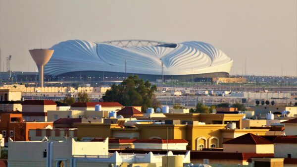 A distant view of a soccer stadium intended for use during World Cup 2022 in Qatar