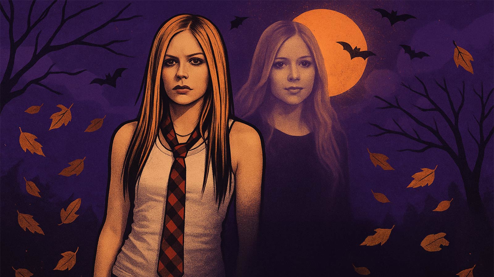 Digital illustration depicting Avril Lavigne and her supposed double, referencing the enduring Avril Lavigne conspiracy, with eerie Halloween lighting, autumn leaves, and a ghostly mist effect.