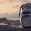 Moai Statue on Easter Island wearing headphones