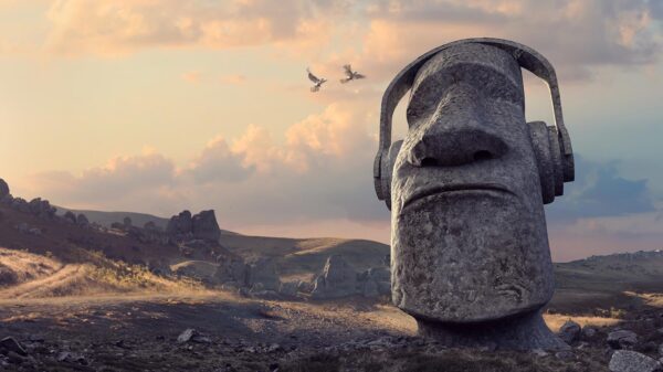 Moai Statue on Easter Island wearing headphones