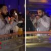 2 different angles of a man taking a sip of a drink at a bar