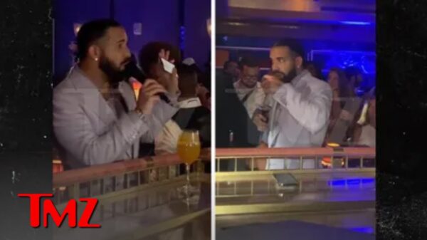 2 different angles of a man taking a sip of a drink at a bar