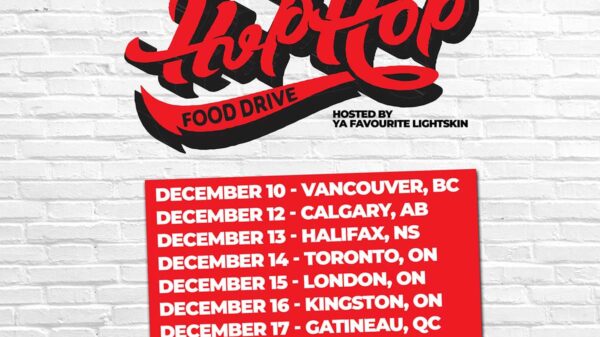 Poster for 8th annual Hip Hop Food Drive with dates for 8 Canadian cities listed
