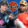 A composite image of No Jumper podcast hosts and rappers Juelz Santana and Jim Jones.