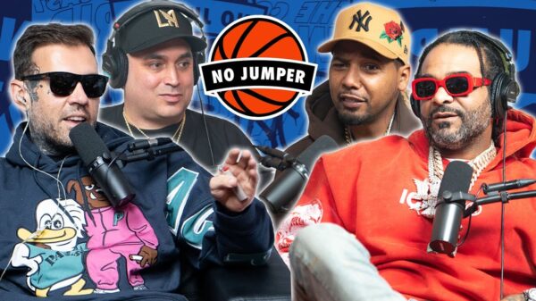 A composite image of No Jumper podcast hosts and rappers Juelz Santana and Jim Jones.