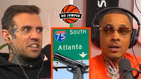 A composite image of two men in a studio setting with headphones and microphones, and in the middle of them is an image of a handgun and a highway sign that says Atlanta.