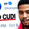 A composite image of a tweet that says MID CUDI and a headshot of a man wearing a red hoodie.
