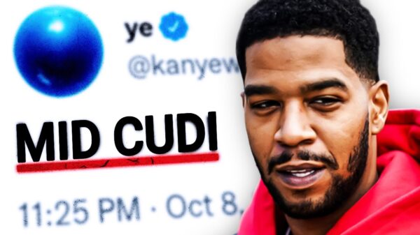 A composite image of a tweet that says MID CUDI and a headshot of a man wearing a red hoodie.