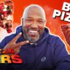 A composite image of a man in a blue hoodie holds up a peace sign, and a slice of pizza and rack of ribs.