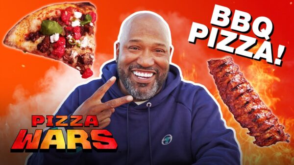 A composite image of a man in a blue hoodie holds up a peace sign, and a slice of pizza and rack of ribs.