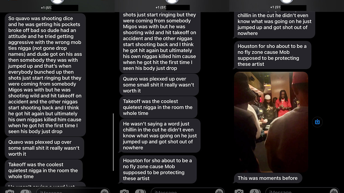 Screenshots of text messages claim Migos rapper Takeoff was killed by friendly fire
