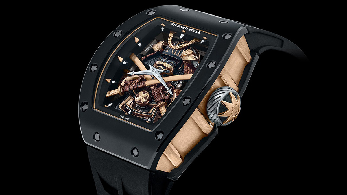 An expensive Richard Mille watch featuring a fully hand-carved samurai honor and two golden feathers.