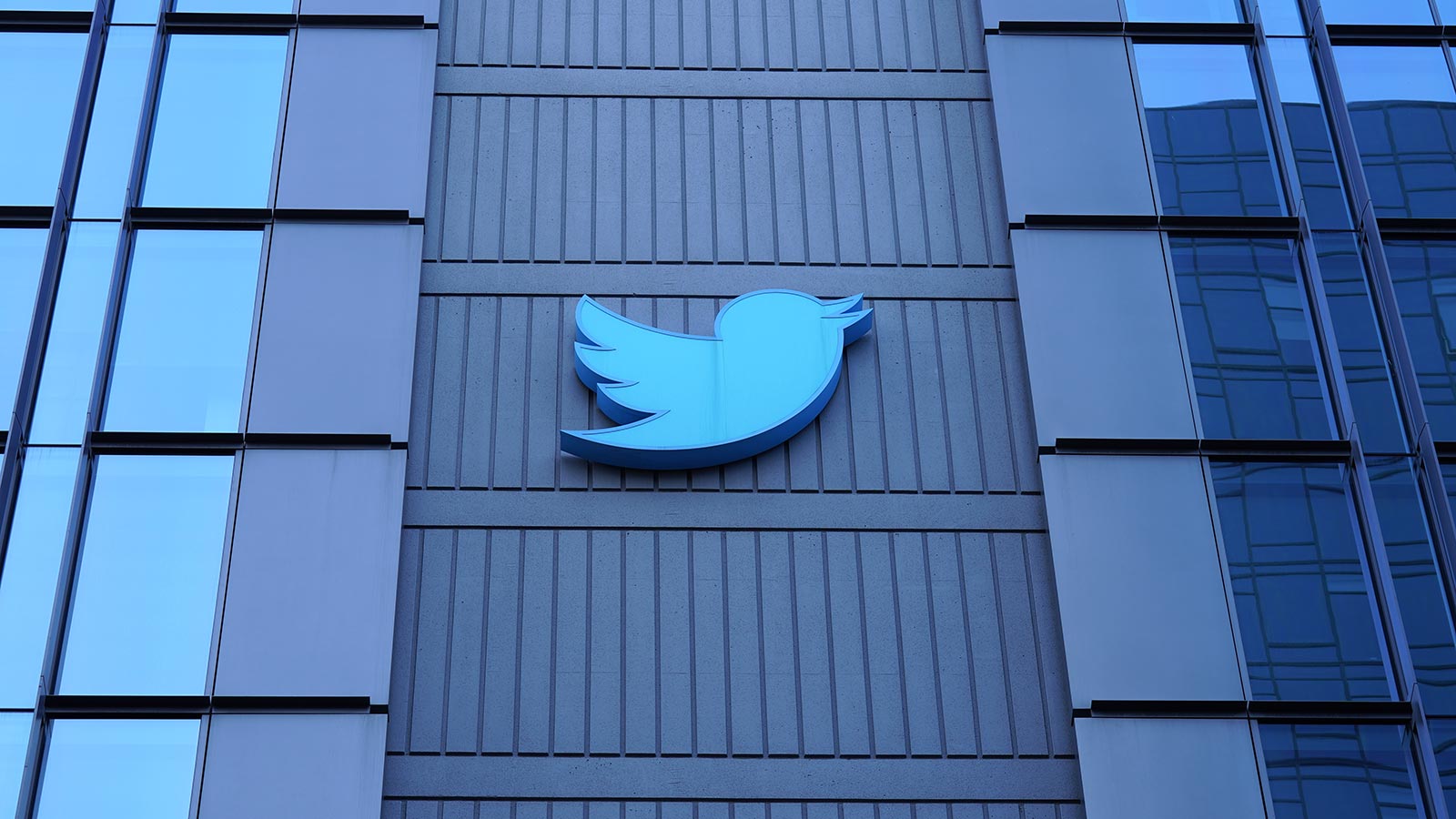 The blue Twitter bird logo on the outside wall of a building.
