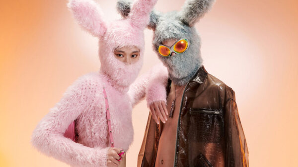 Two young people wearing bunny balaclavas by fashion brand Ambush
