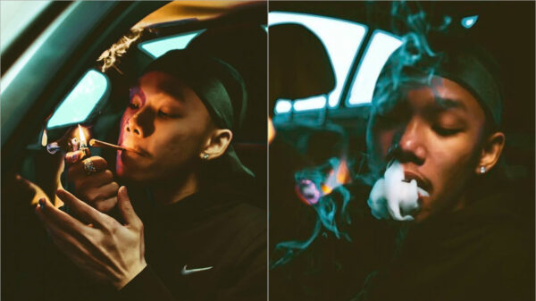 A composite image of Toronto rapper Ching lighting a blunt and inhaling smoke