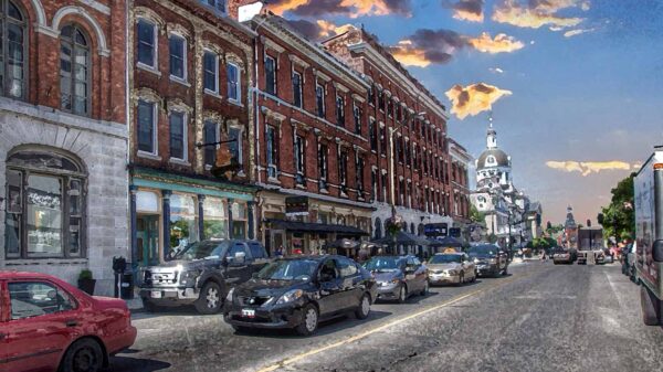 A photo of King Street in Kingston, Ontario with a dry brush filter applied to it