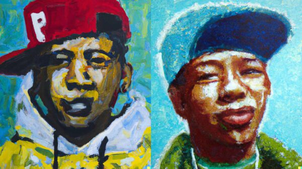 Impressionists oil paintings of rap artists wearing baseball hats.