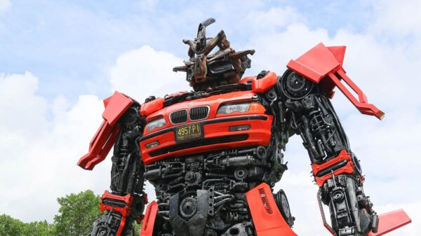 A large red and black, killer robot