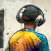 A digital art concept of a young person wearing headphones next to speakers
