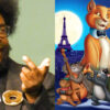 A split image of a man speaking into a microphone, and a promotional poster for the 1970 Disney movie The Aristocats.